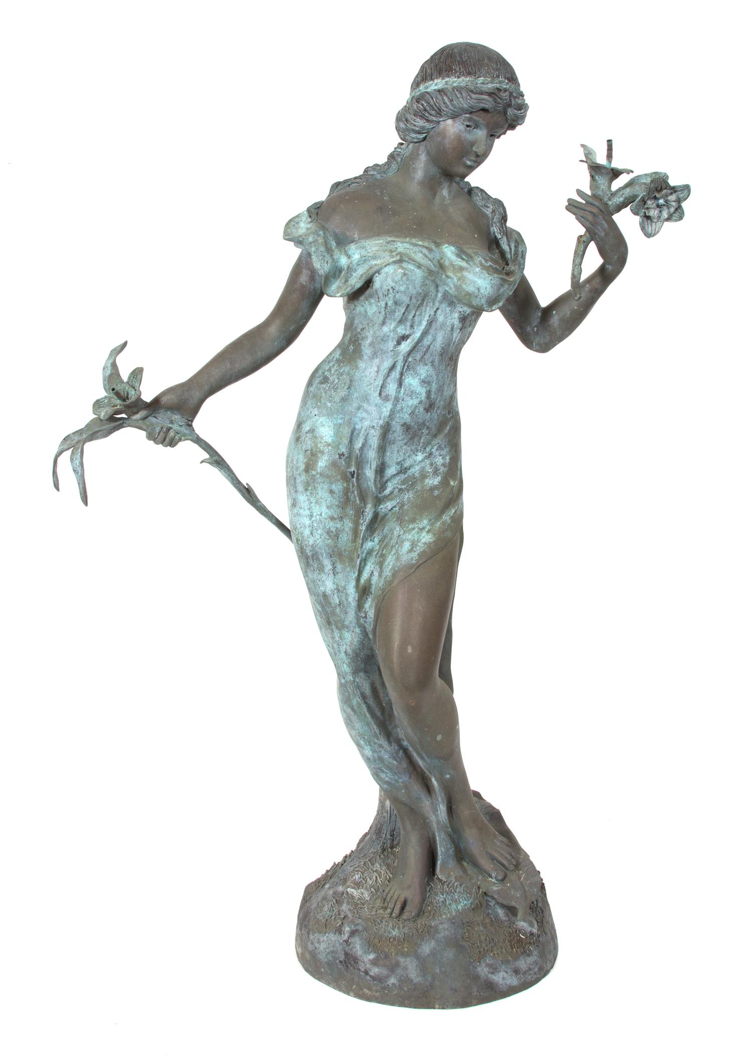 A Large Art Nouveau Style Bronze Fountain Depicting a Female with Flowers in Hand Height 69 x width 44 x depth 19 inches.