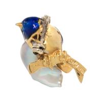 CULTURED BAROQUE PEARL AND ENAMEL BIRD BROOCH