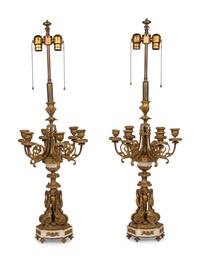 A Pair of Gilt Bronze and Marble Lamps