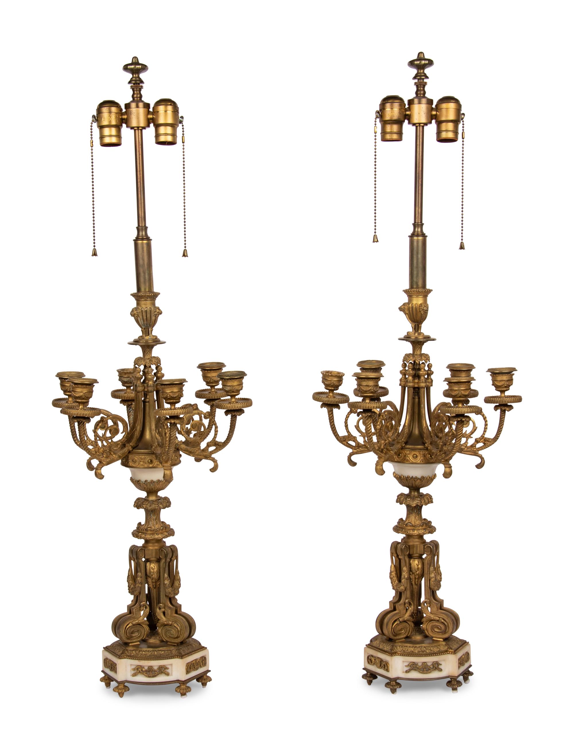 A Pair of Gilt Bronze and Marble Lamps