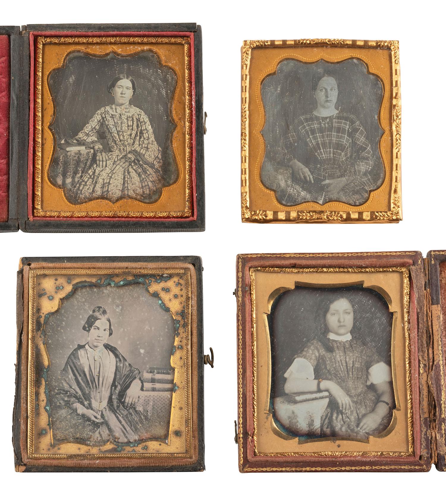 [EARLY PHOTOGRAPHY] 7 sixth plate daguerreotypes of young women with props, incl. flutina and books.