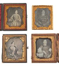 [EARLY PHOTOGRAPHY] 7 sixth plate daguerreotypes of young women with props, incl. flutina and books.