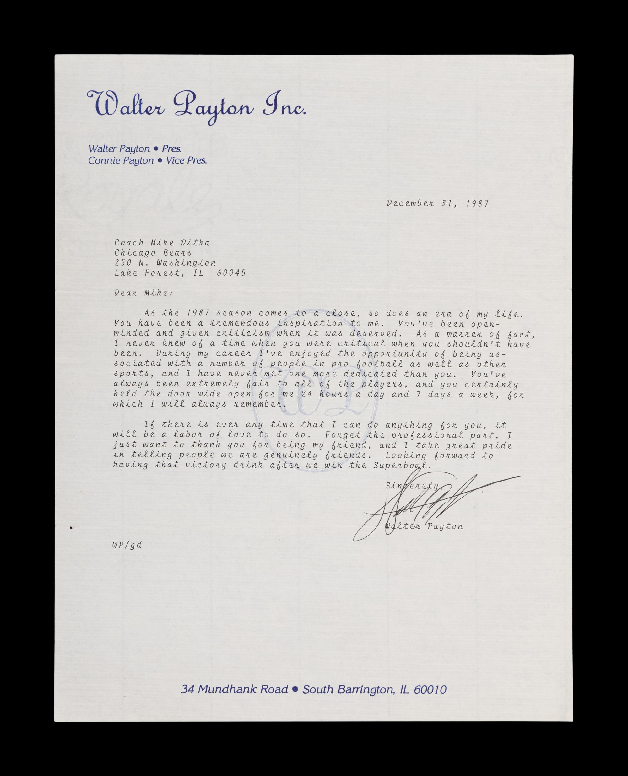 A Historically Significant 1987 Walter Payton Signed Retirement Letter To Mike Ditka