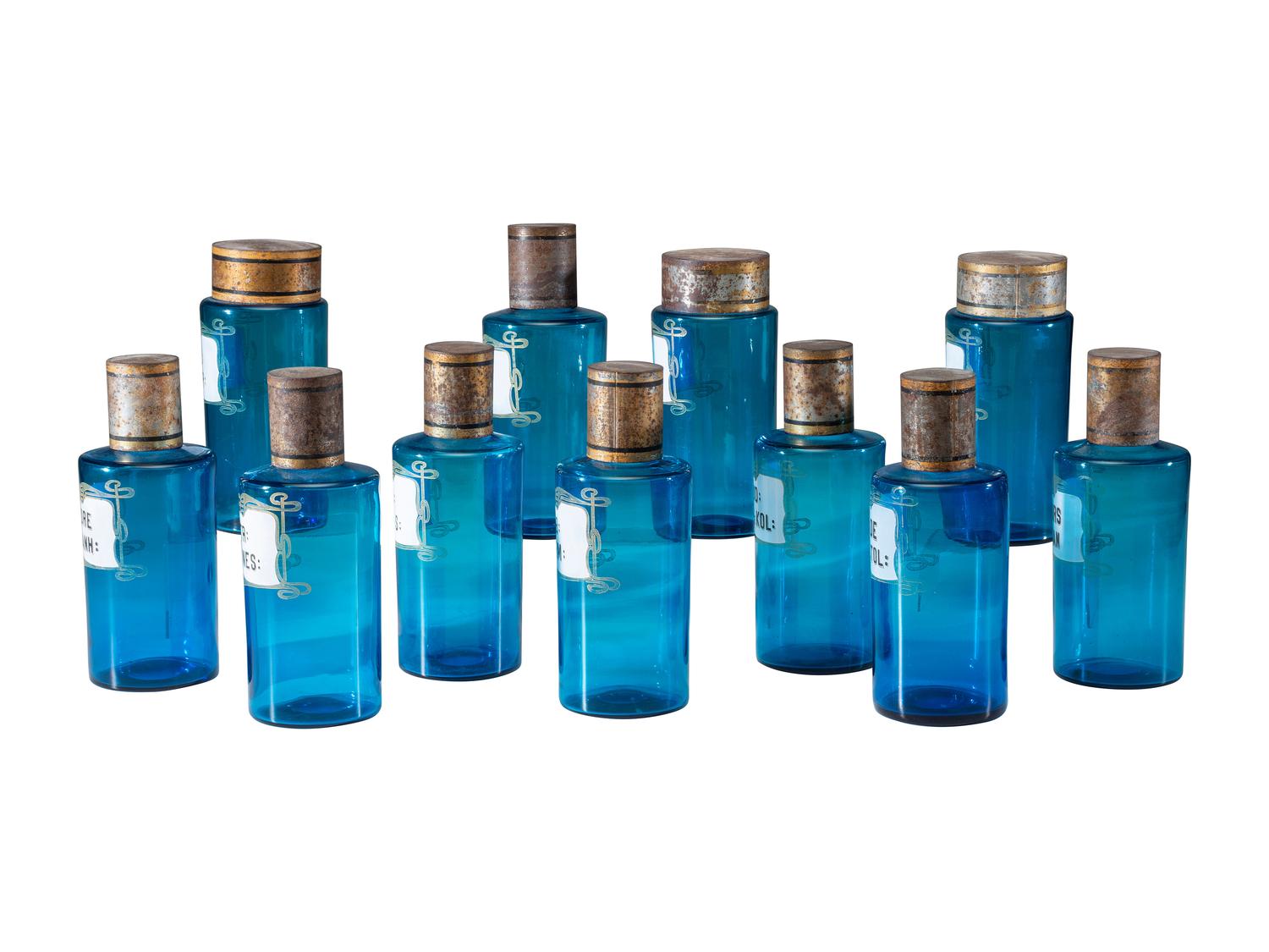 Eleven Glass Apothecary Bottles