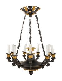 A Restauration Gilt and Patinated Bronze Nine-Light Chandelier