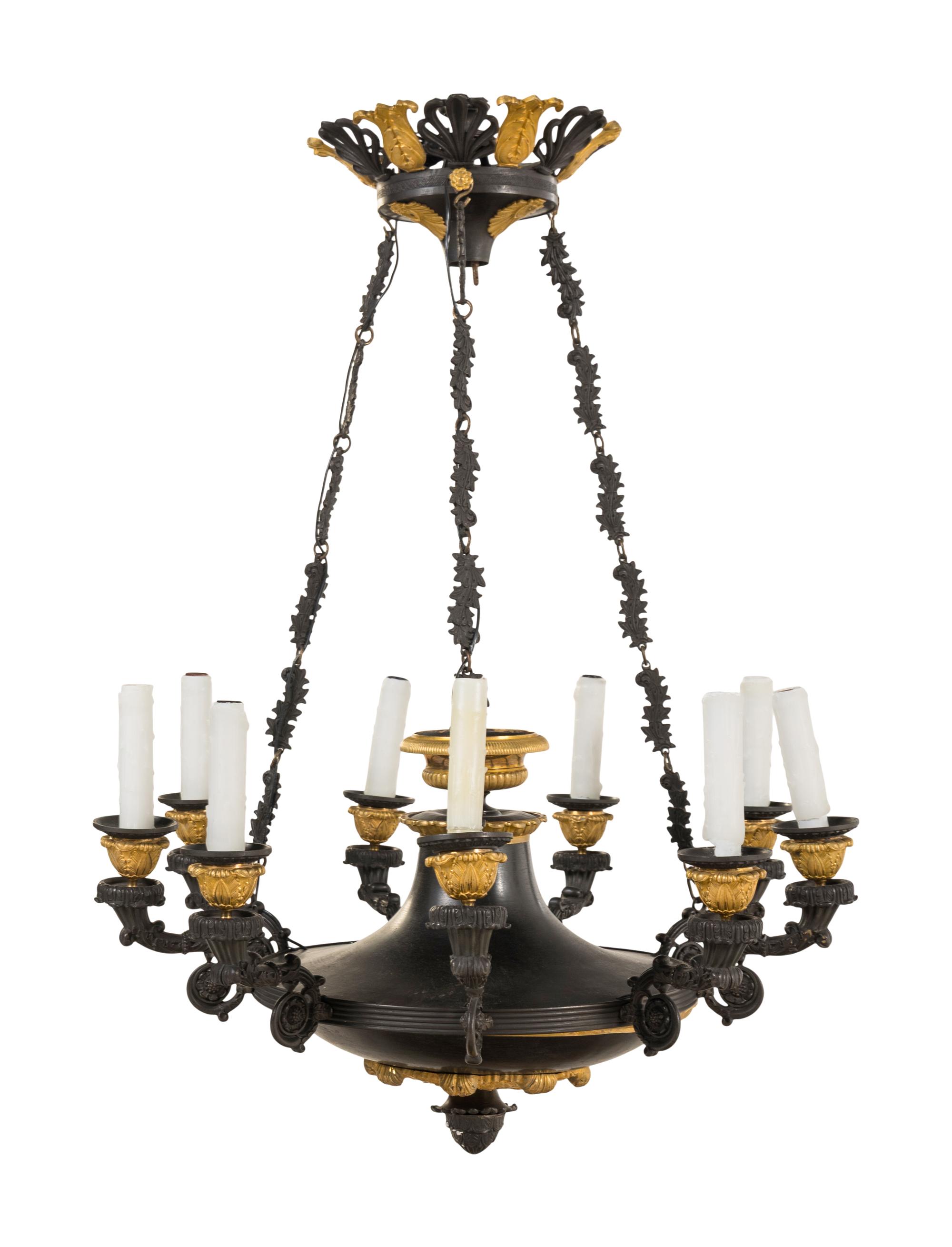 A Restauration Gilt and Patinated Bronze Nine-Light Chandelier