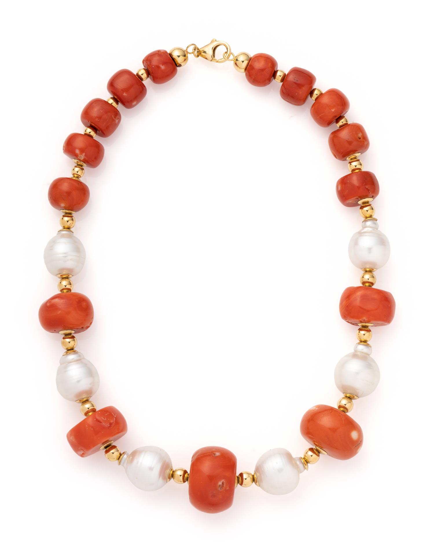 YELLOW GOLD, CULTURED BAROQUE PEARL AND CORAL BEAD NECKLACE