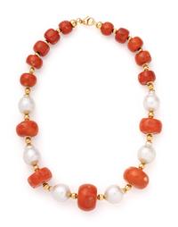 YELLOW GOLD, CULTURED BAROQUE PEARL AND CORAL BEAD NECKLACE
