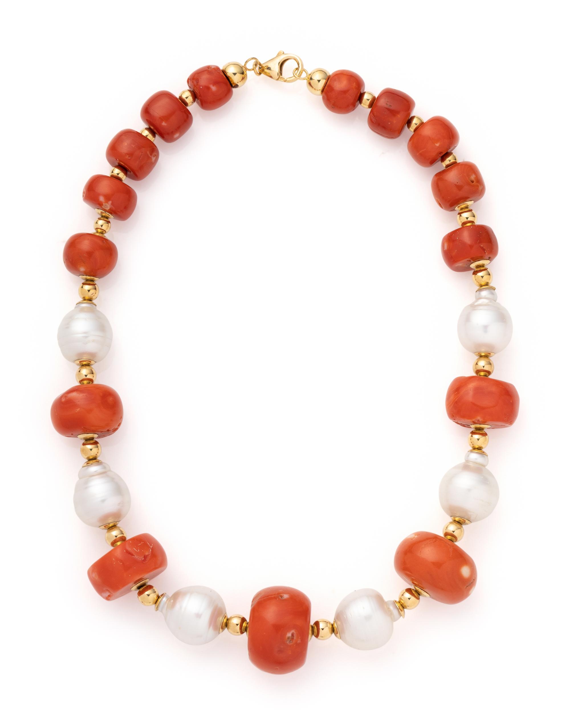 YELLOW GOLD, CULTURED BAROQUE PEARL AND CORAL BEAD NECKLACE