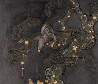 A Japanese Parcel Gilt and Mixed-Metal Inlaid Iron 'Eagle and Pine' Plaque, Meiji Period 日本明治時期 鐵花鳥挂屏