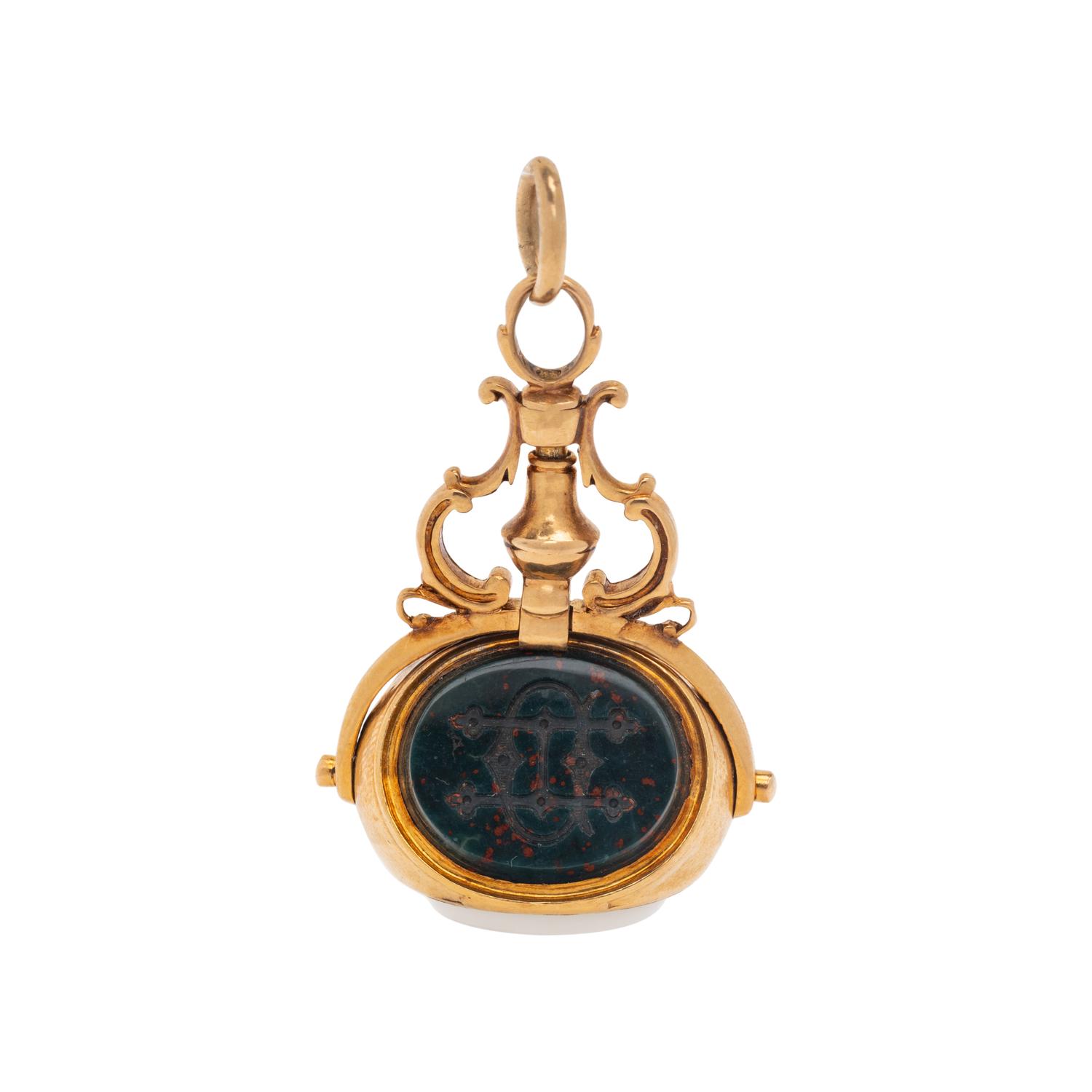 ANTIQUE, YELLOW GOLD AND HARDSTONE FOB