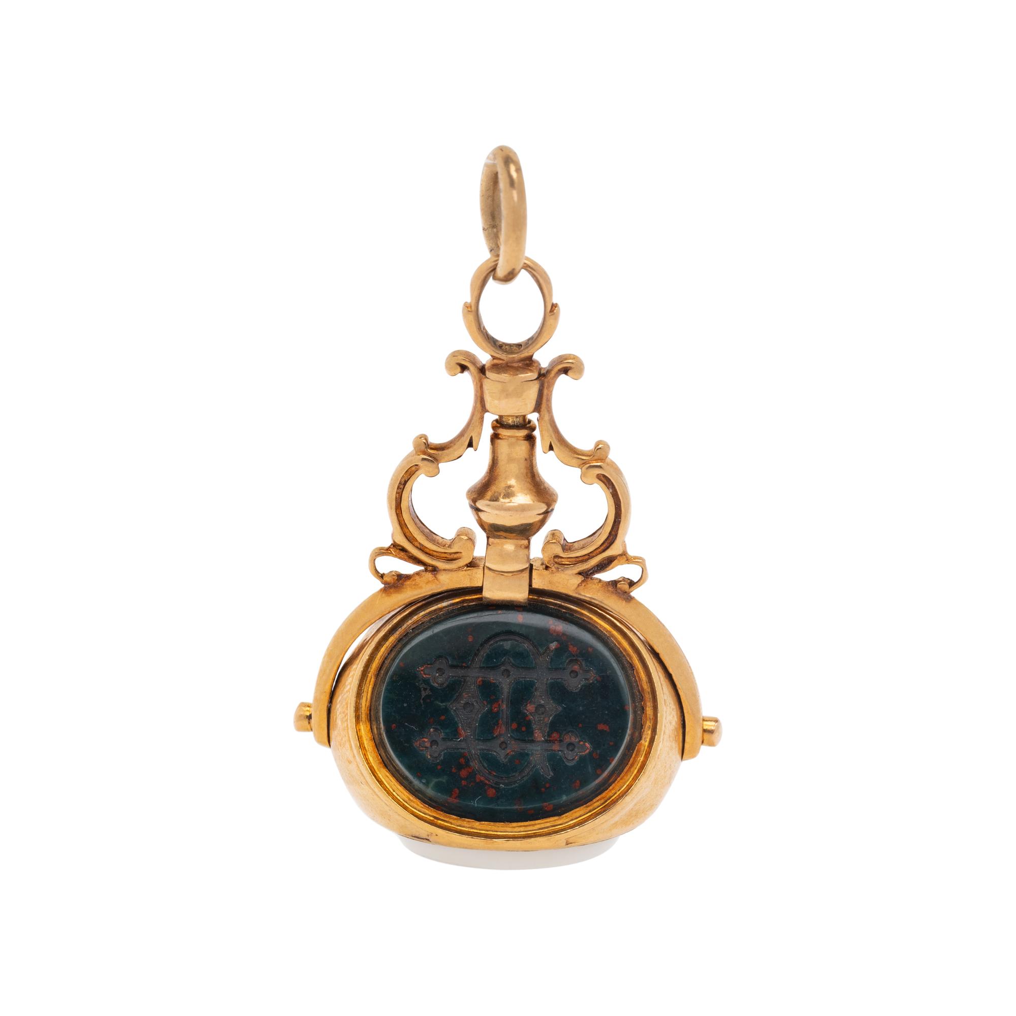 ANTIQUE, YELLOW GOLD AND HARDSTONE FOB