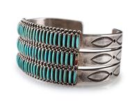 Navajo or Zuni Stamped Silver Cuff Bracelet, with Needle Point Turquoise