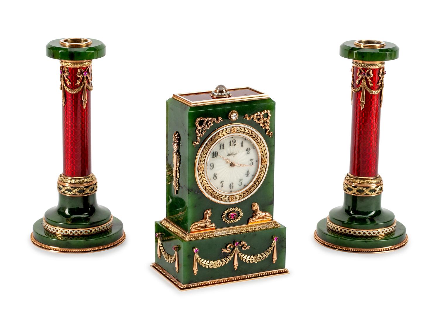 A Russian 14K Gold, Diamond, Ruby, Spinach Jade and Enamel Three-Piece Clock Set