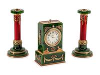 A Russian 14K Gold, Diamond, Ruby, Spinach Jade and Enamel Three-Piece Clock Set