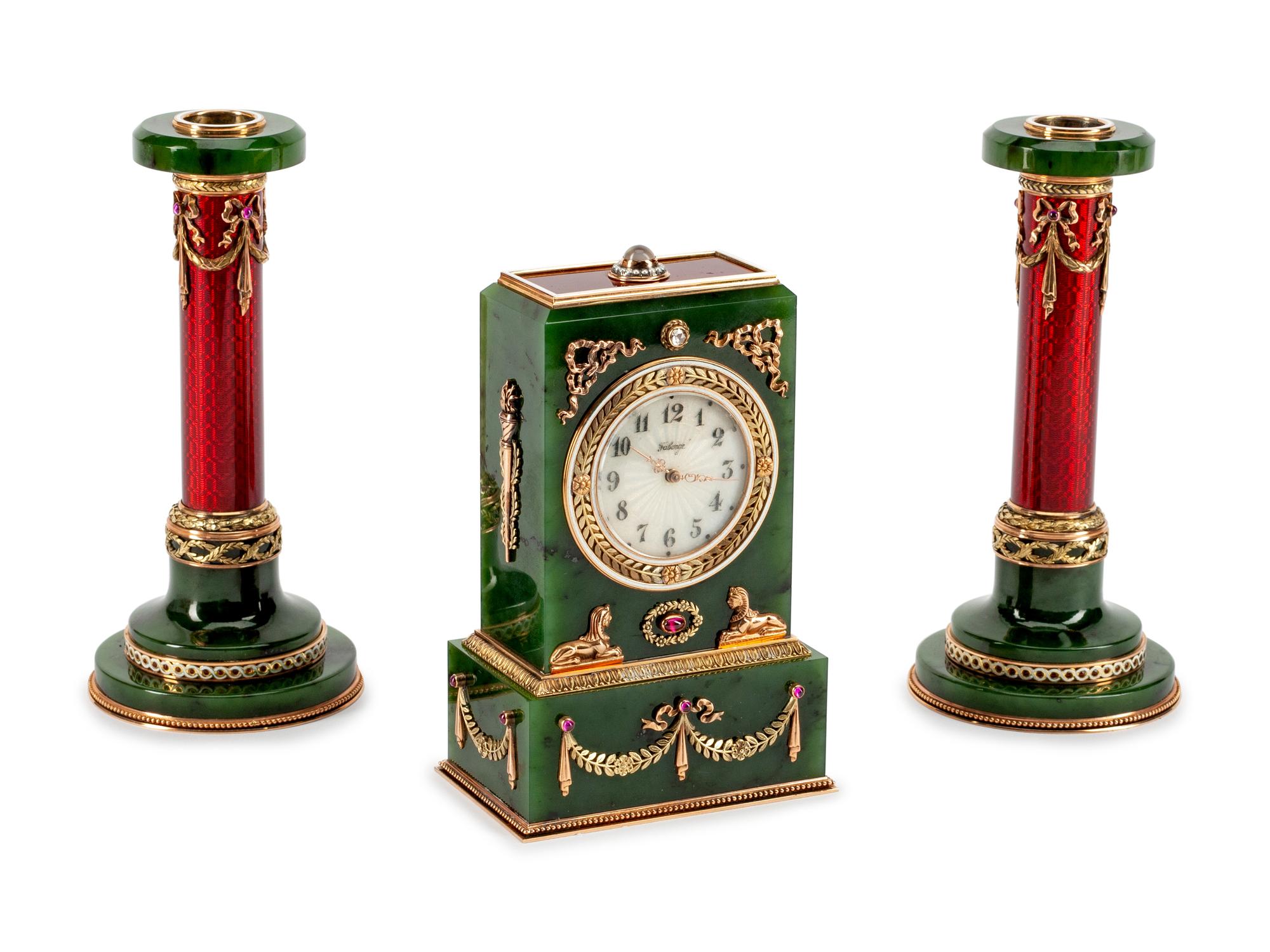 A Russian 14K Gold, Diamond, Ruby, Spinach Jade and Enamel Three-Piece Clock Set