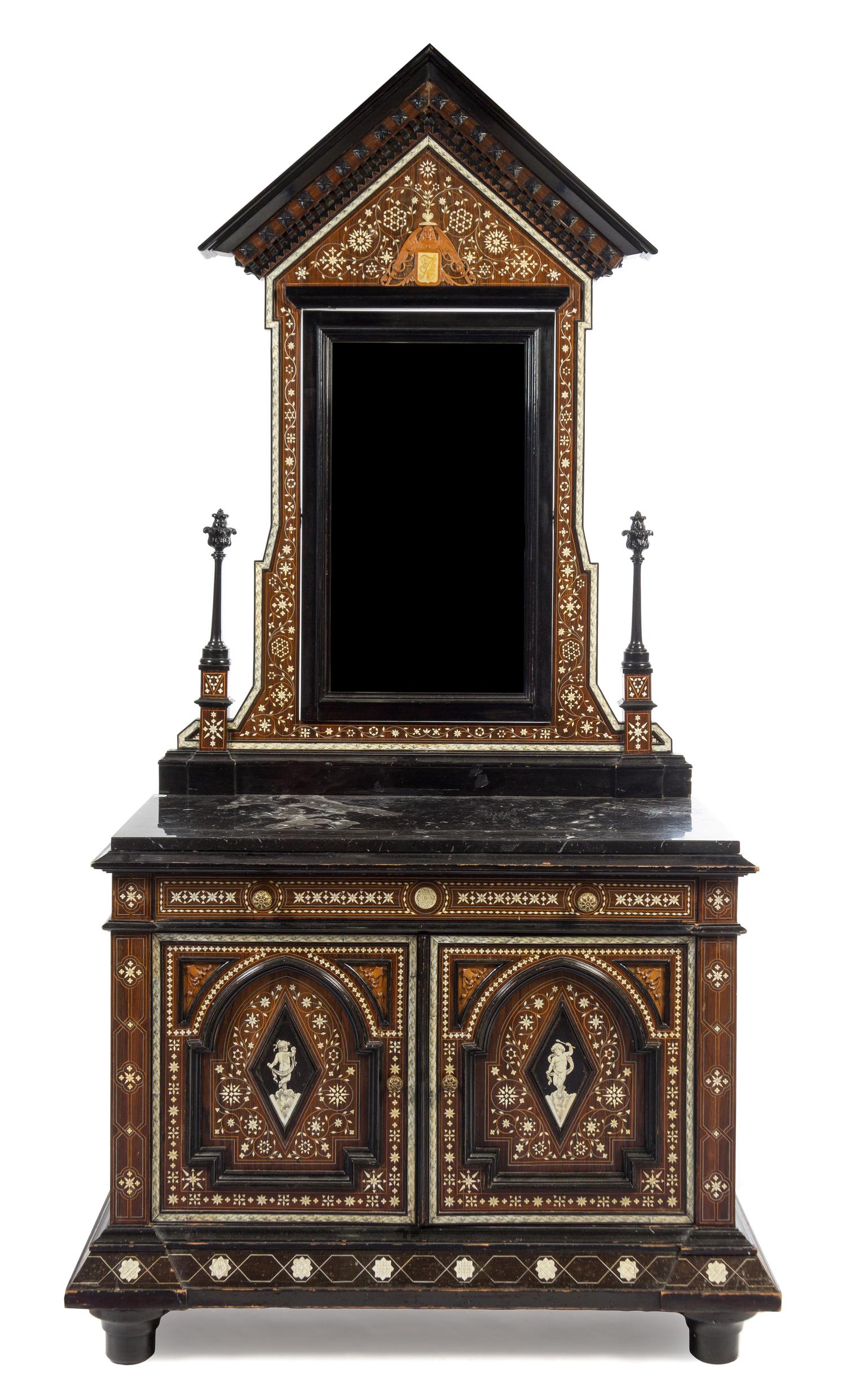 A North Italian Bone Inlaid and Parcel Ebonized Chest of Drawers Height 88 x width 41 1/2 x depth 21 1/4 inches. — 19TH CENTURY
