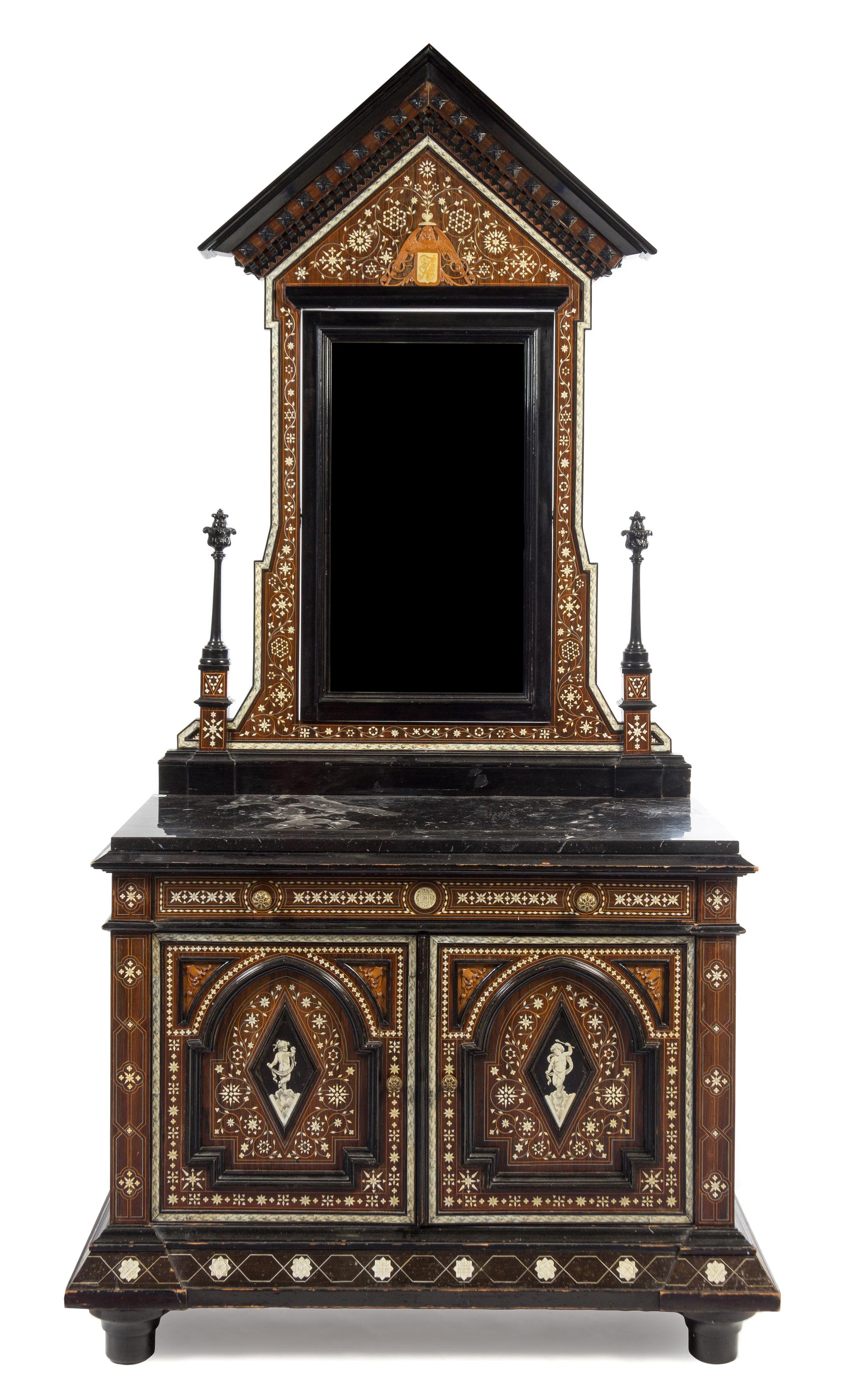 A North Italian Bone Inlaid and Parcel Ebonized Chest of Drawers Height 88 x width 41 1/2 x depth 21 1/4 inches. — 19TH CENTURY