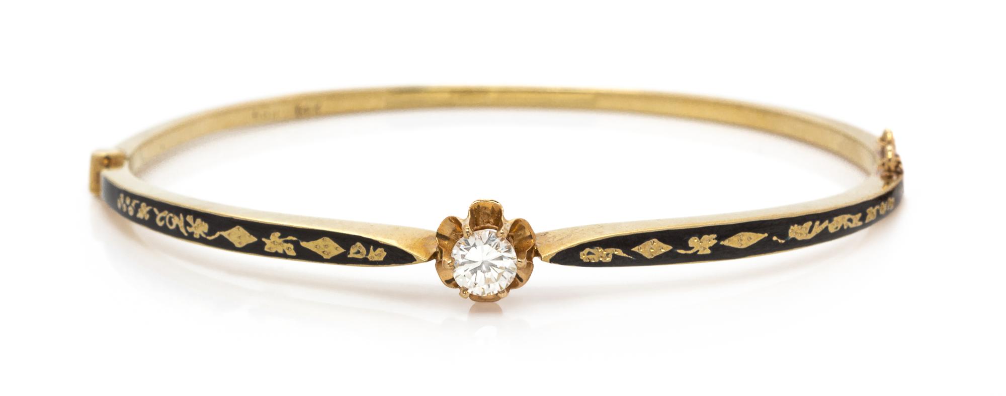 A 14 Karat Yellow Gold, Diamond, and Enamel Bangle Bracelet 7.80 dwts.
