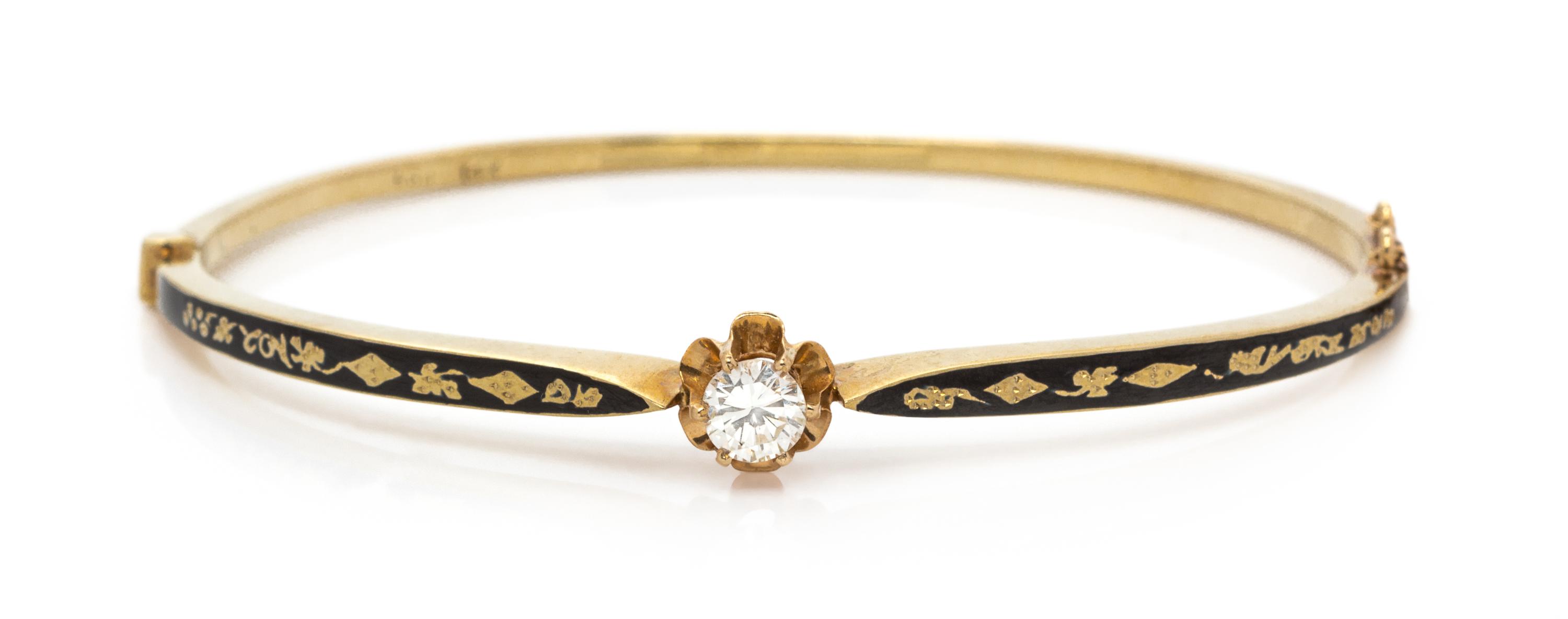 A 14 Karat Yellow Gold, Diamond, and Enamel Bangle Bracelet 7.80 dwts.