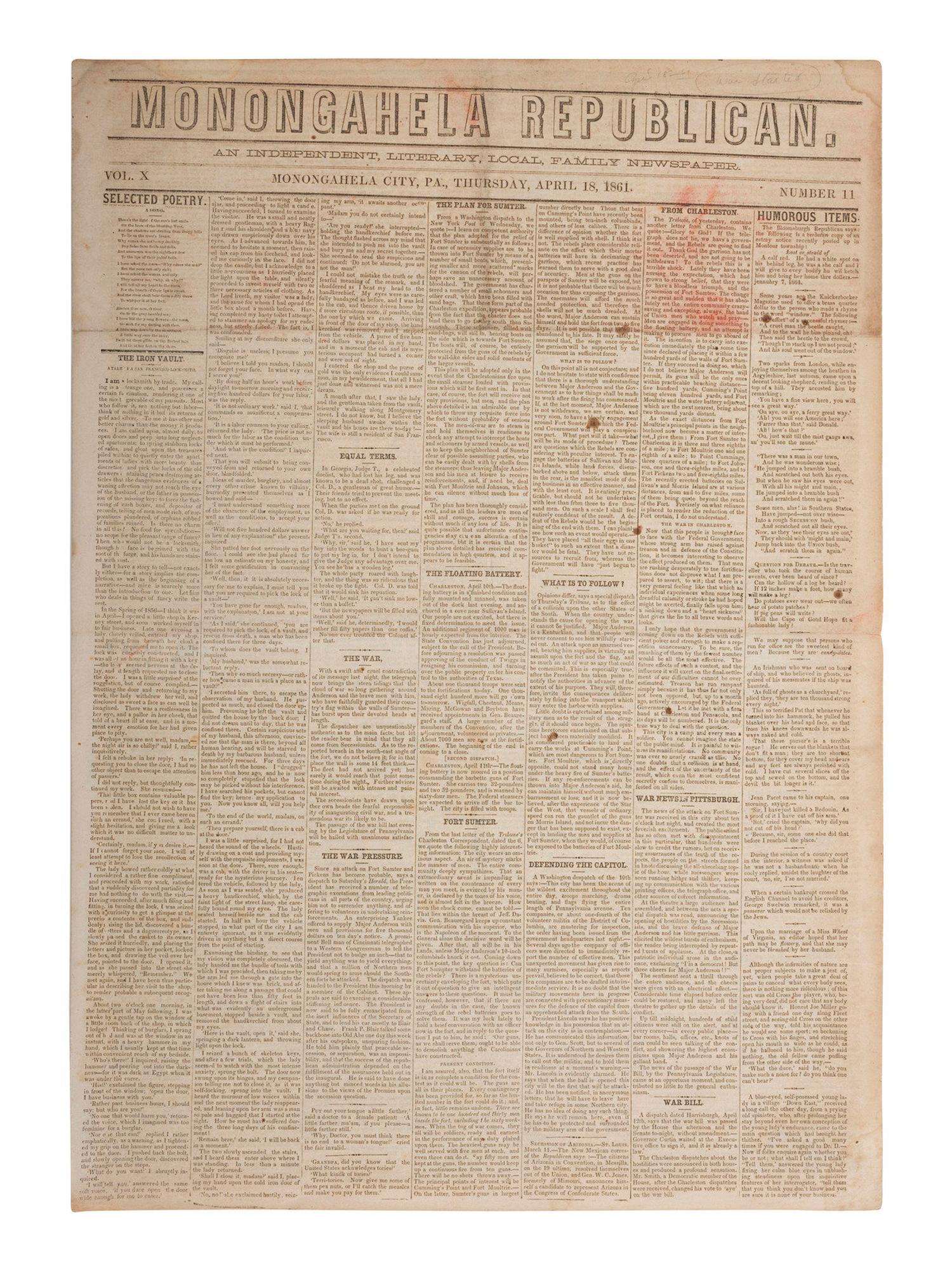 [CIVIL WAR]. 4 war-date newspapers, incl. capture of Fort Sumter and Lee's surrender at Appomattox.