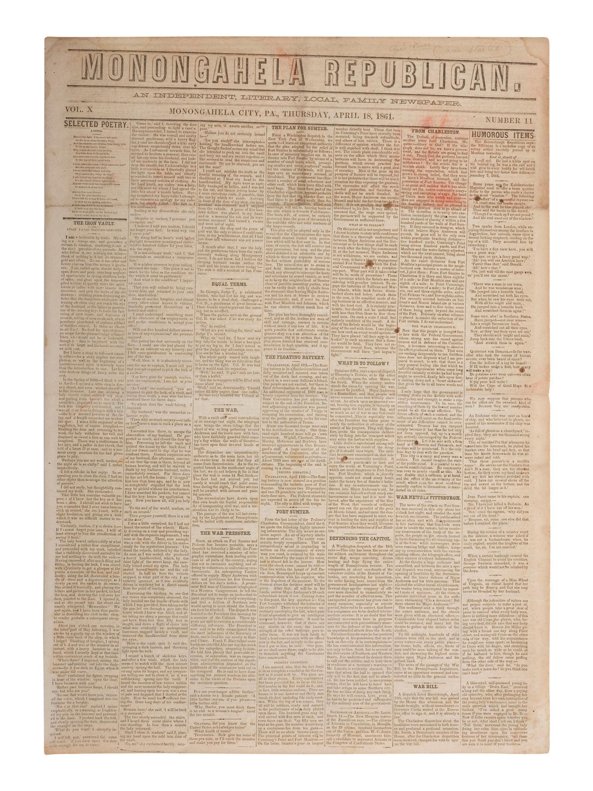 [CIVIL WAR]. 4 war-date newspapers, incl. capture of Fort Sumter and Lee's surrender at Appomattox.