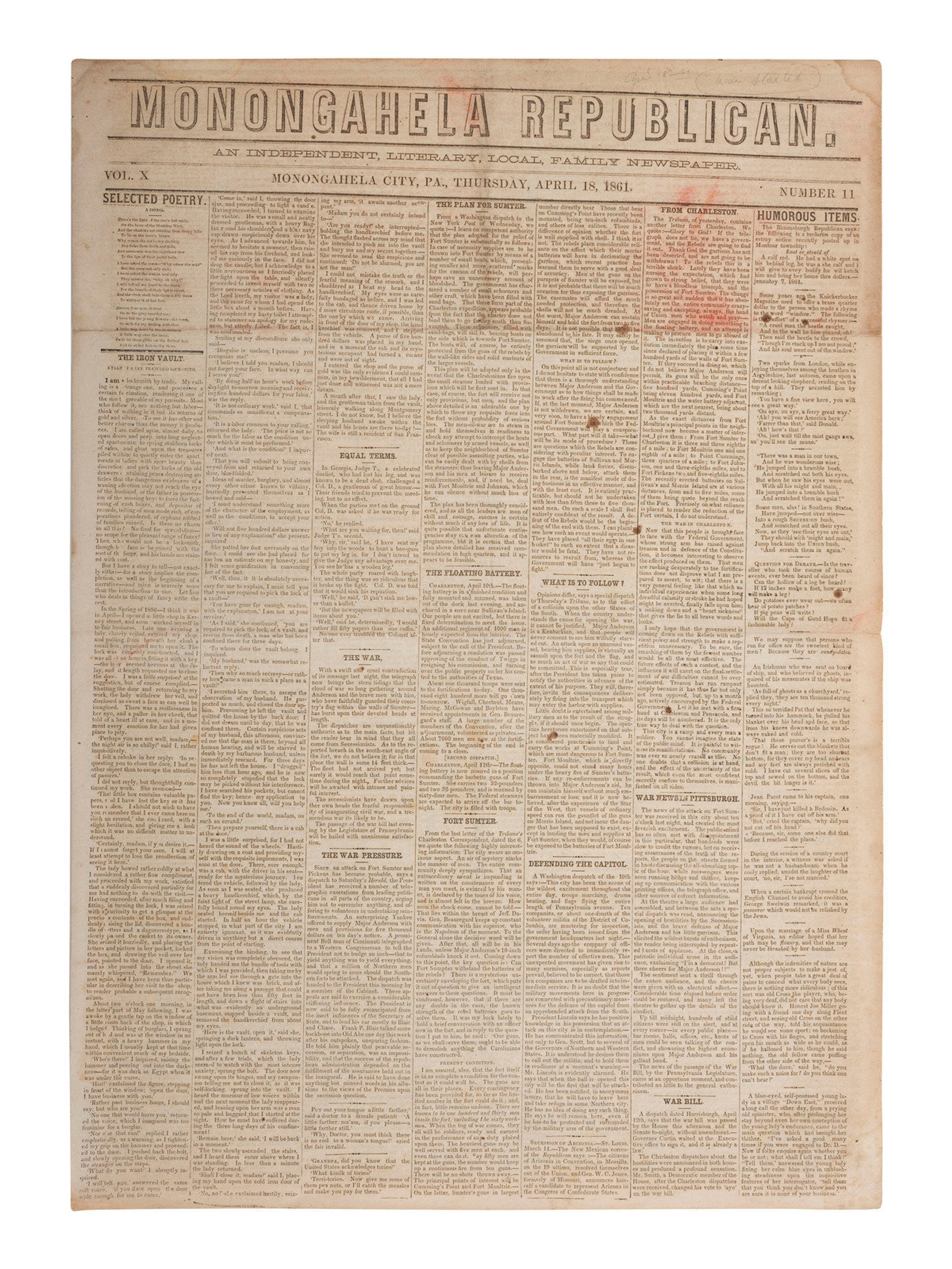 [CIVIL WAR]. 4 war-date newspapers, incl. capture of Fort Sumter and Lee's surrender at Appomattox.