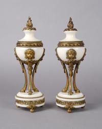 A Pair of Louis XVI Style Marble and Gilt Bronze Cassolettes, Height 11 1/2 inches.