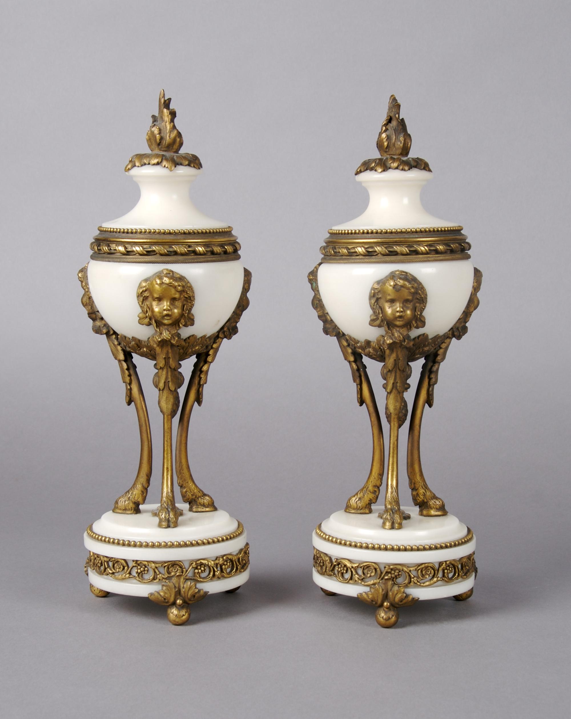 A Pair of Louis XVI Style Marble and Gilt Bronze Cassolettes, Height 11 1/2 inches.
