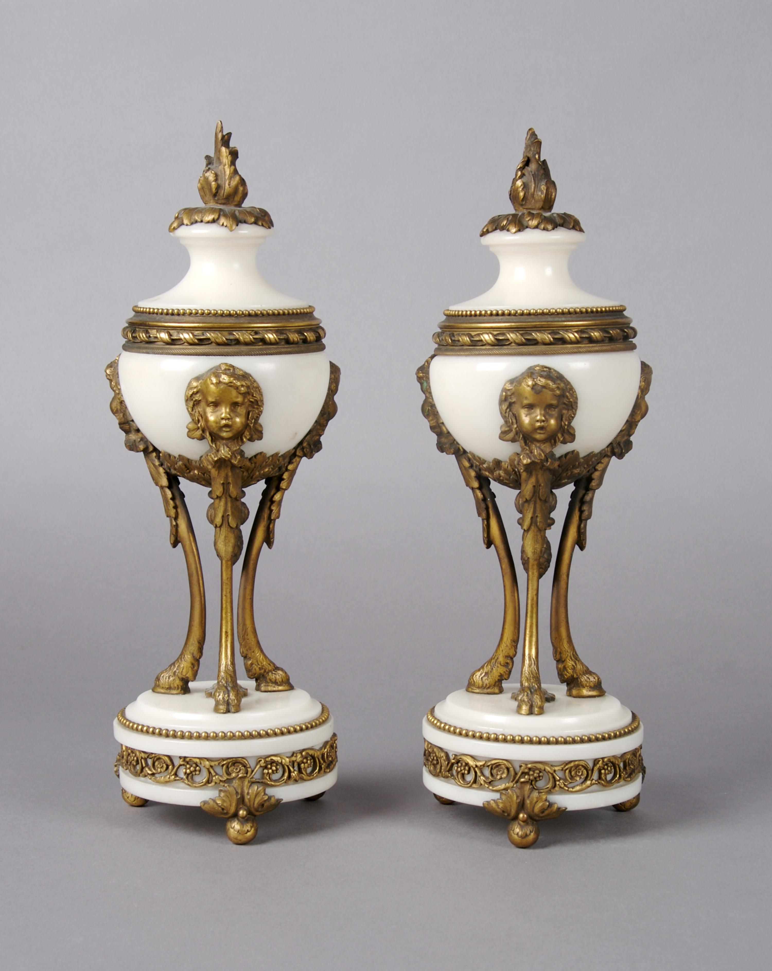 A Pair of Louis XVI Style Marble and Gilt Bronze Cassolettes, Height 11 1/2 inches.