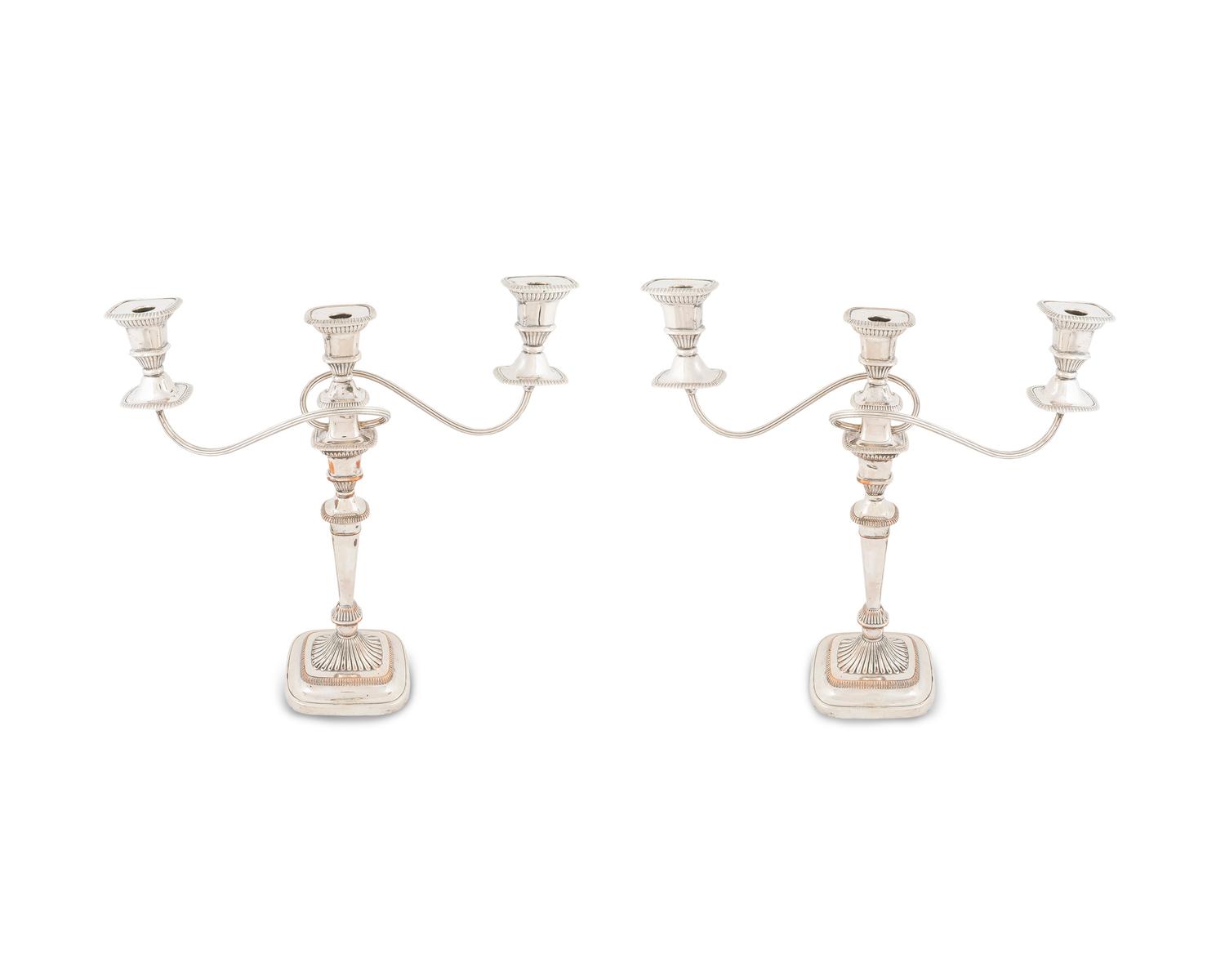 A Pair of Regency Style Silverplate Three-Light Candelabra — Barker Ellis Silver Co. for Birk's, 20th Century