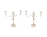 A Pair of Regency Style Silverplate Three-Light Candelabra — Barker Ellis Silver Co. for Birk's, 20th Century