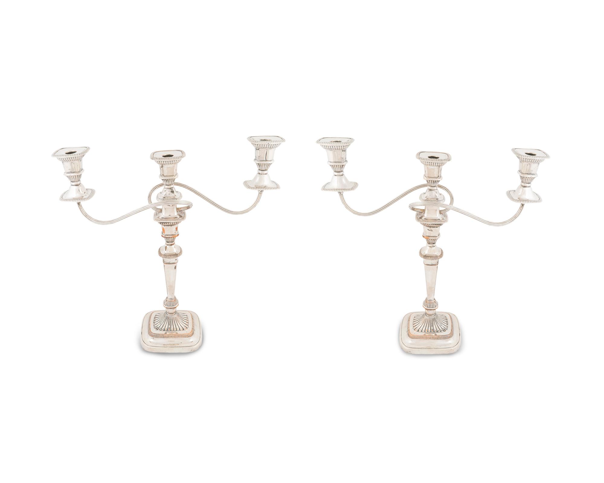 A Pair of Regency Style Silverplate Three-Light Candelabra — Barker Ellis Silver Co. for Birk's, 20th Century