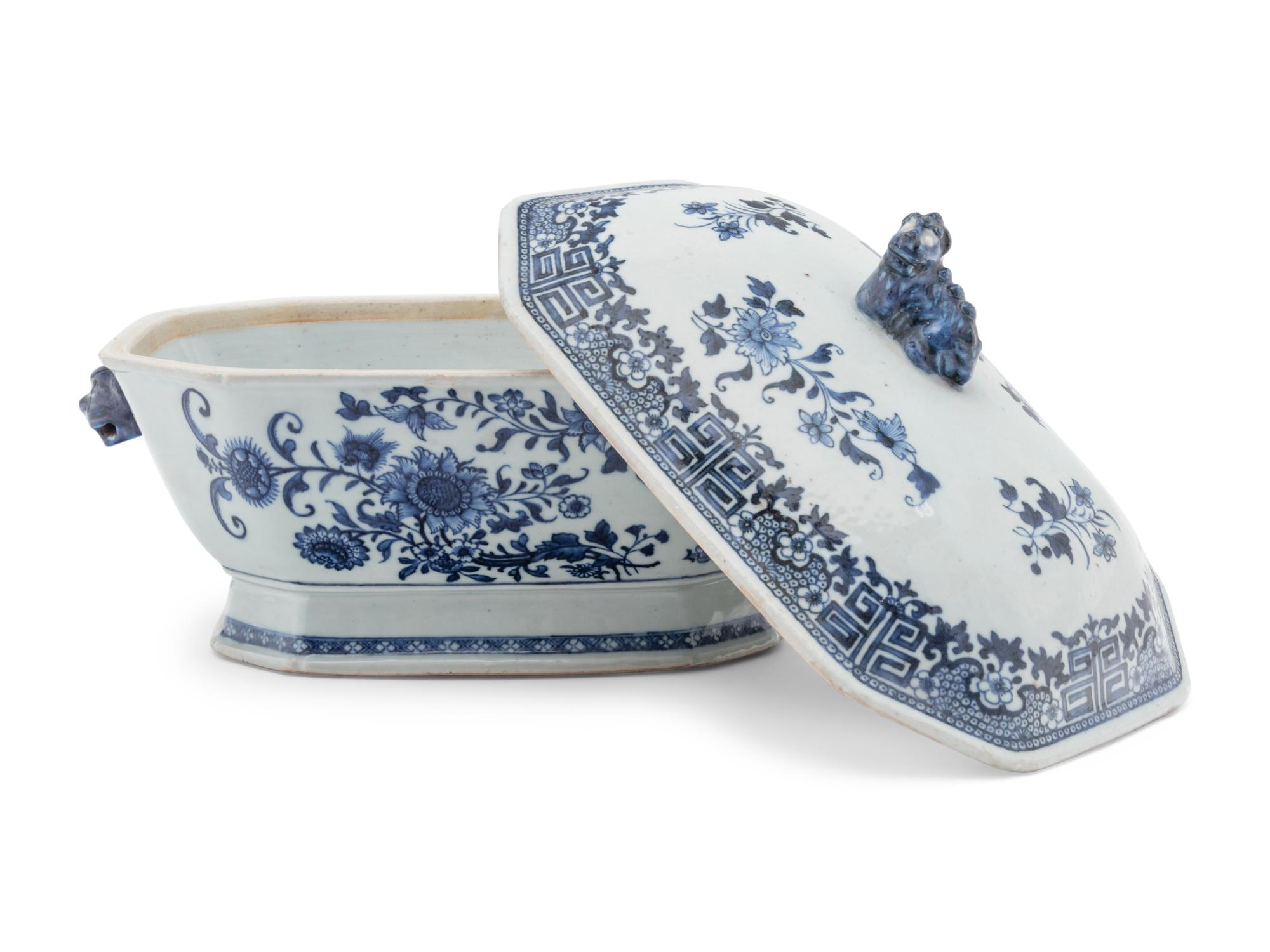 Eight Chinese Famille Jaune Porcelain Covered Jars and A Chinese Export Blue and White Porcelain Covered Tureen