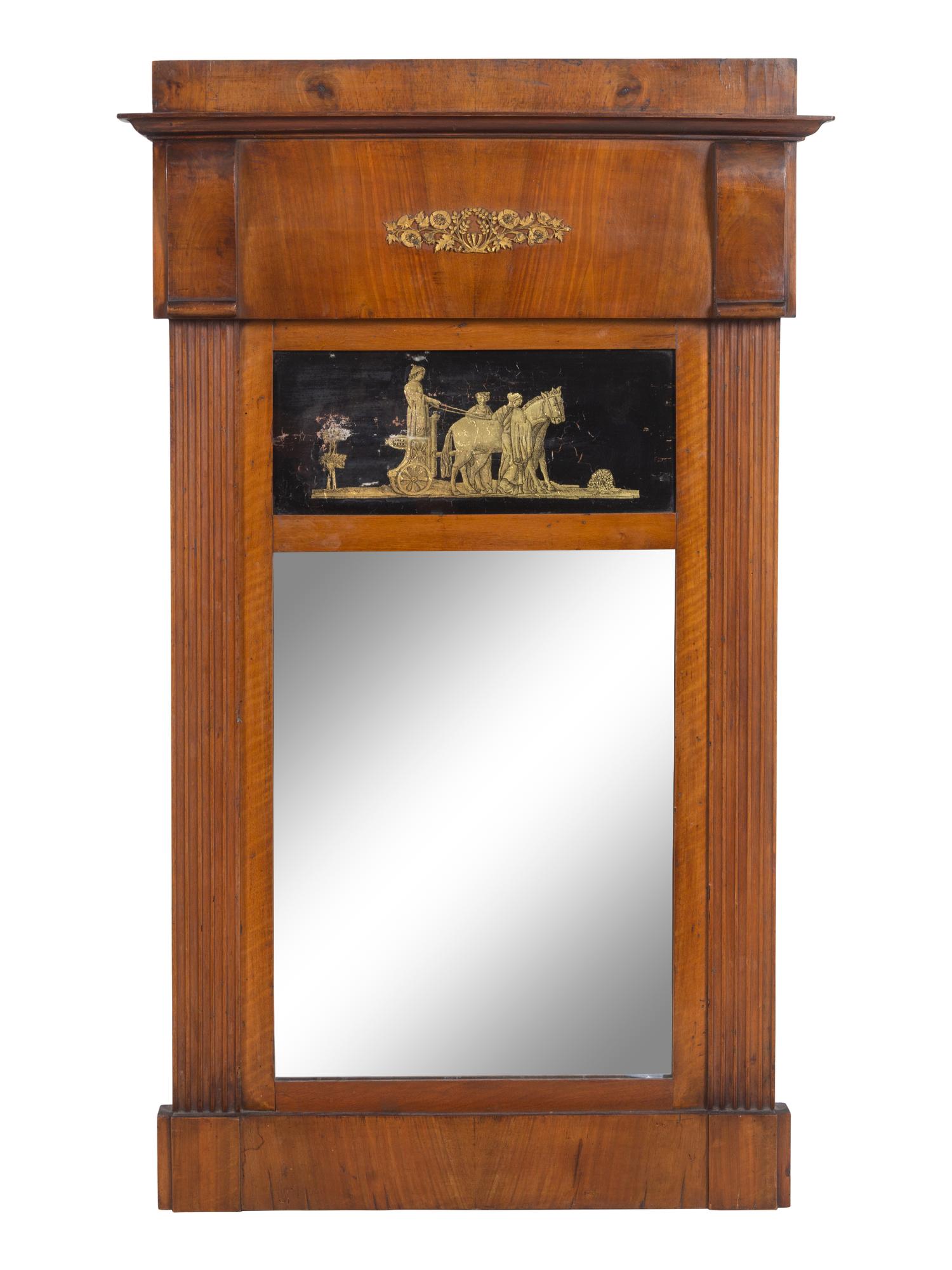 A Continental Reverse-Painted Glass-Inset Walnut Mirror