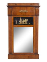 A Continental Reverse-Painted Glass-Inset Walnut Mirror
