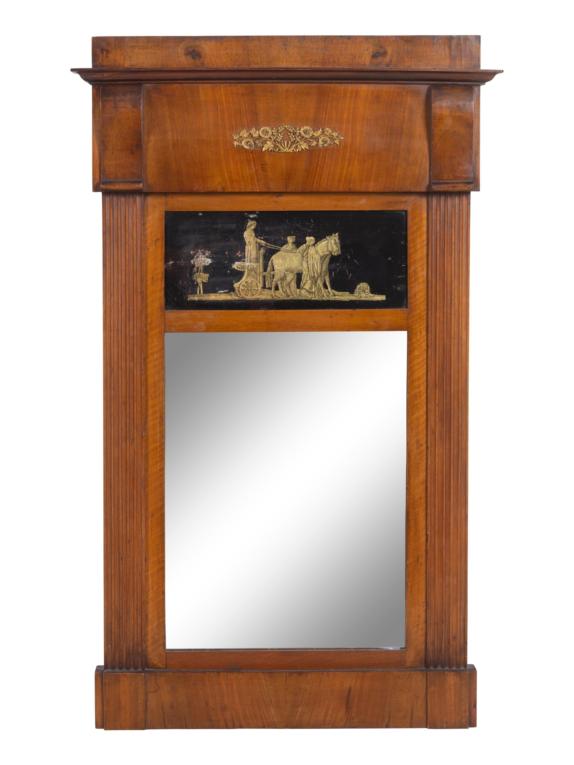 A Continental Reverse-Painted Glass-Inset Walnut Mirror