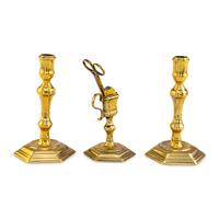 A Pair of English Brass Candlesticks with Wick-Shears and Stand