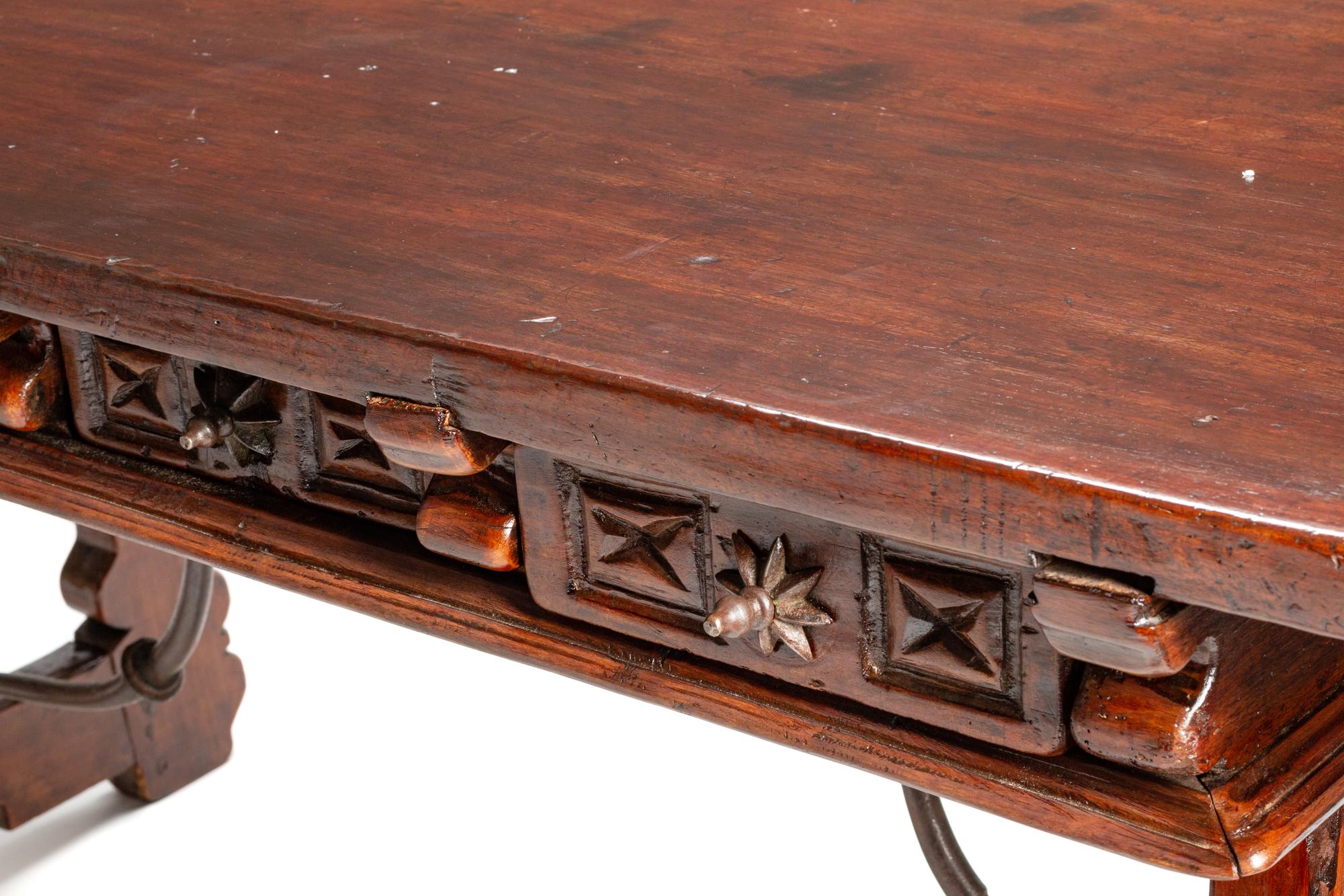 A Spanish Iron Mounted Walnut Trestle Table