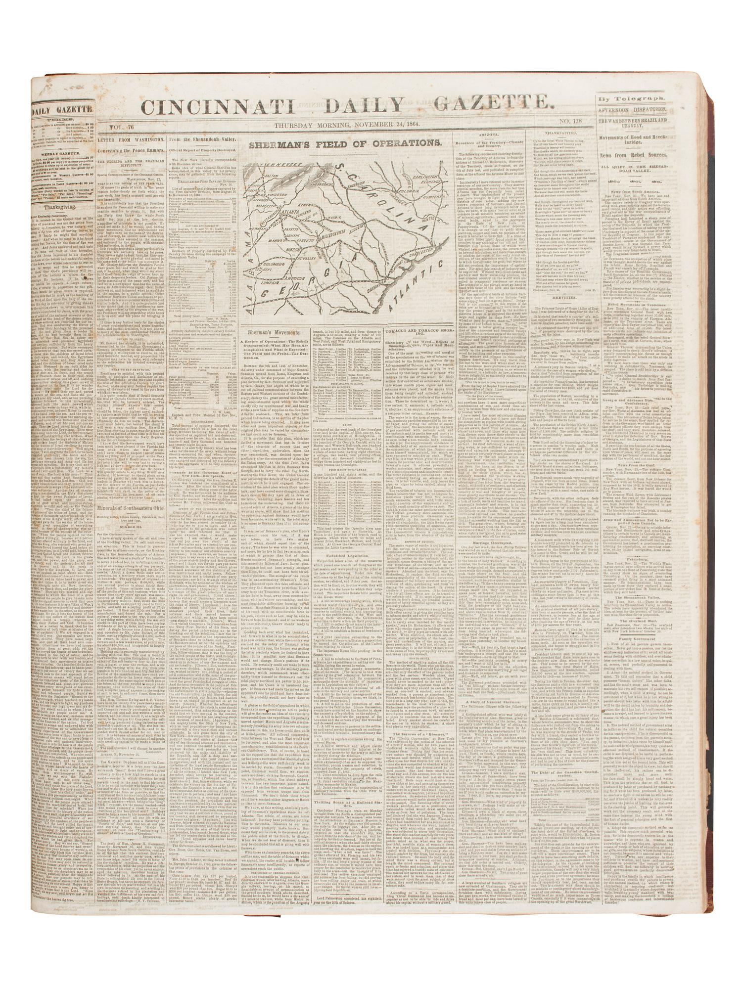 [CIVIL WAR]. Cincinnati Daily Gazette . 318 issues in 2 bound volumes. [ With :] Springfield Weekly Republic . 122 issues. Springfield, OH, 1864-1865. and Lancaster Gazette . 95 issues. Lancaster, OH, 1866-1867.