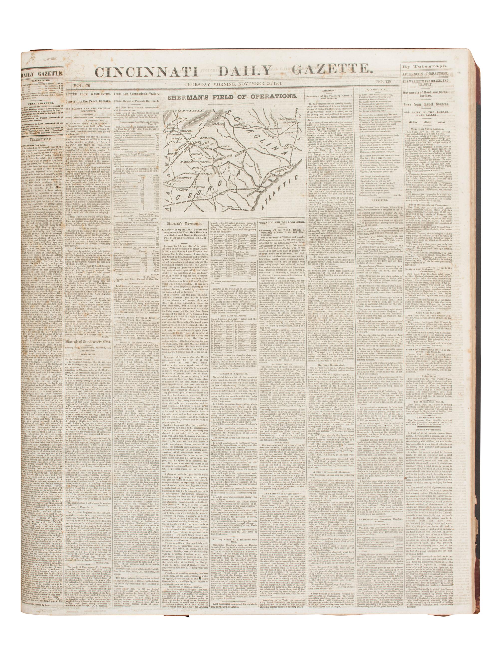 [CIVIL WAR]. Cincinnati Daily Gazette . 318 issues in 2 bound volumes. [ With :] Springfield Weekly Republic . 122 issues. Springfield, OH, 1864-1865. and Lancaster Gazette . 95 issues. Lancaster, OH, 1866-1867.