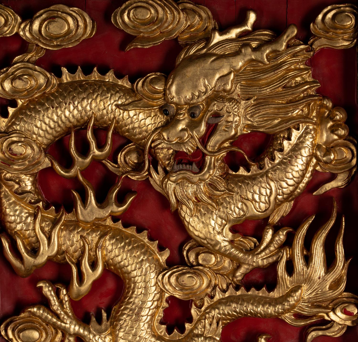 A Pair of Chinese Gilt and Red Lacquered Wood Wall Panels