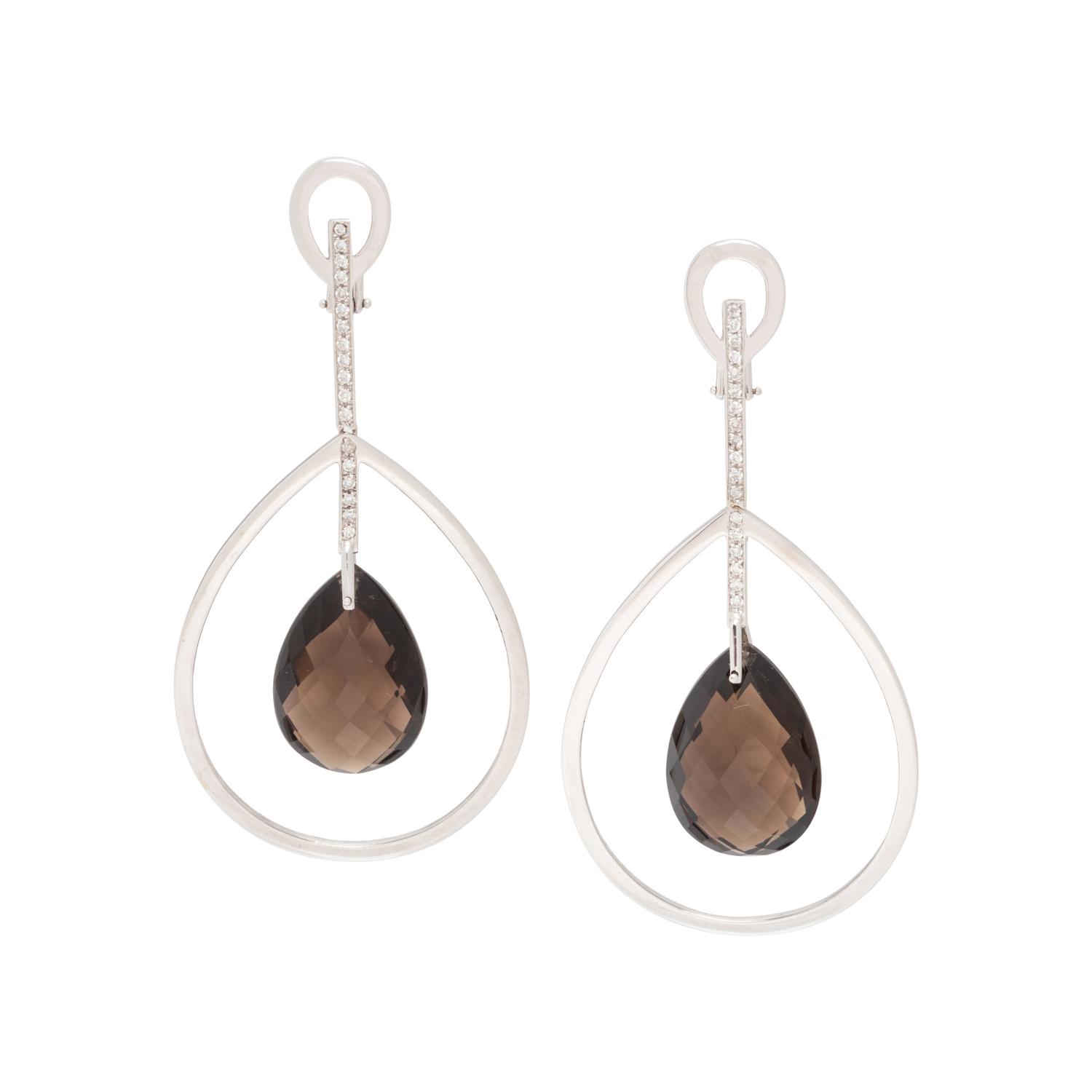 WHITE GOLD, SMOKY QUARTZ AND DIAMOND EARRINGS