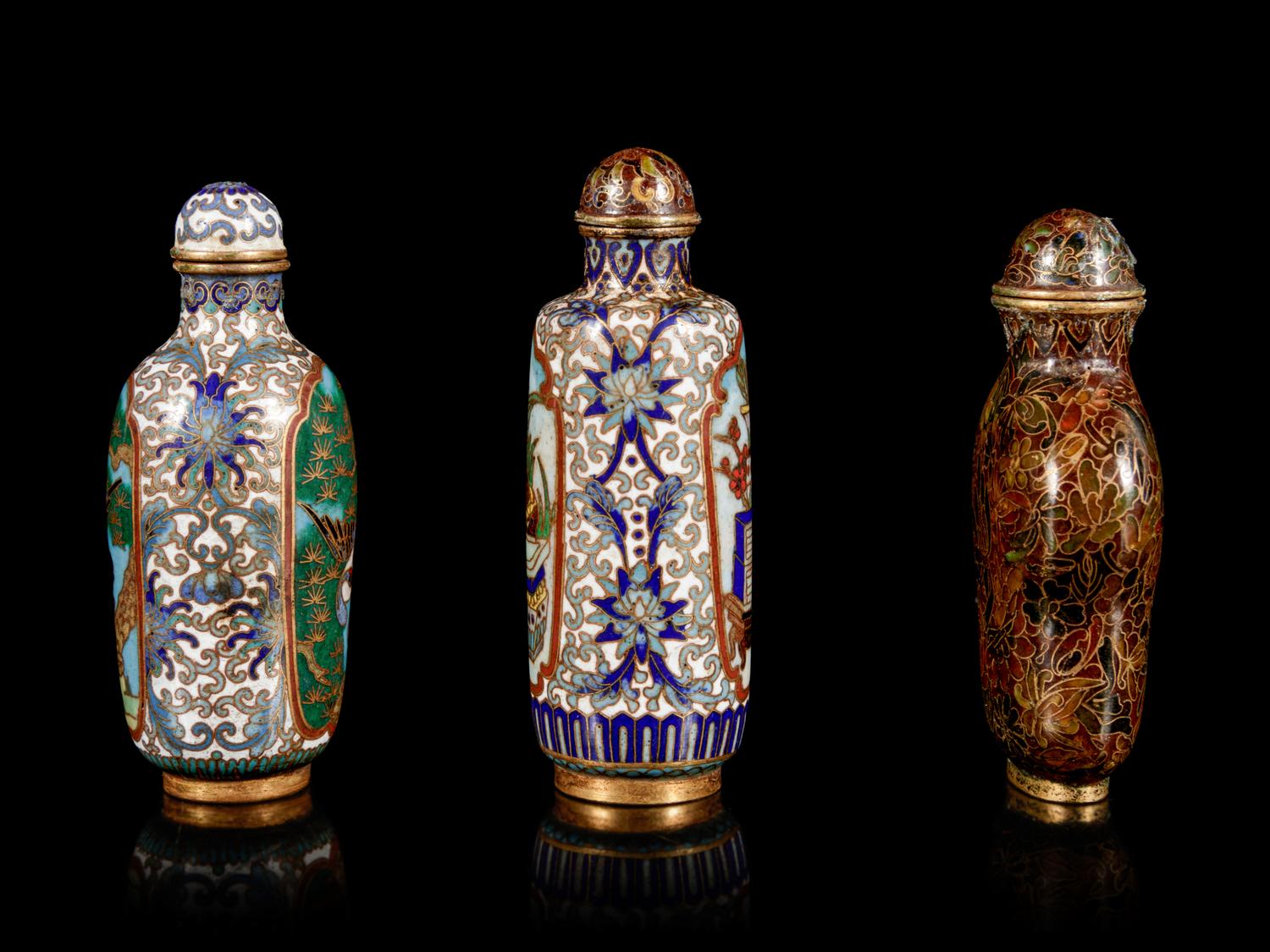 Three Chinese Cloisonné Enameled Snuff Bottles