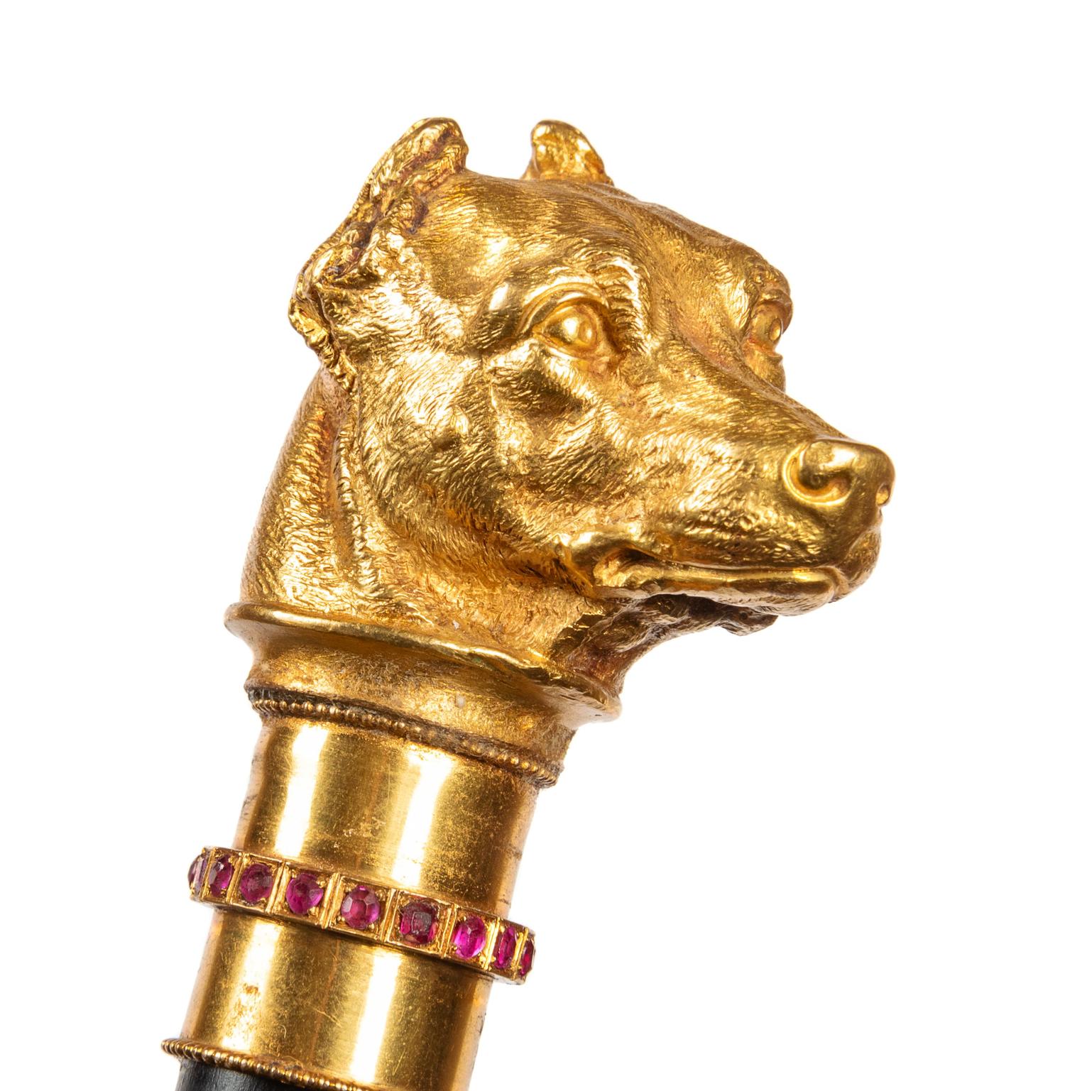 A Continental High-Karat Gold and Ruby-Inset Zoomorphic Walking Stick