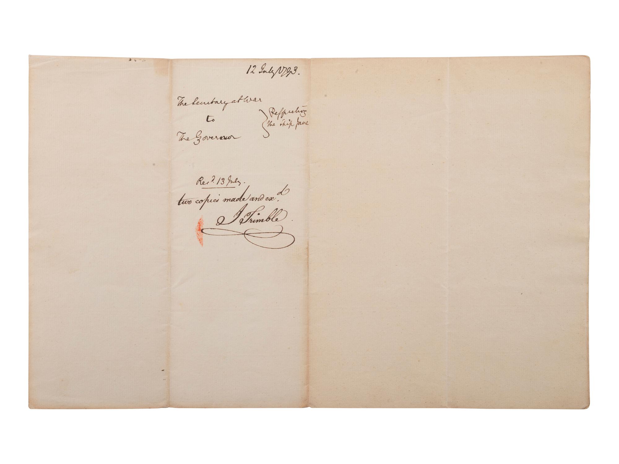 KNOX, Henry (1750-1806). Letter signed ("H Knox") as Secretary of War, to Gov. Thomas Mifflin.