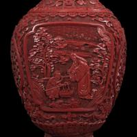 A pair of Chinese carved cinnabar lacquer vases 朱漆花樽一对 19th/20th century ???????