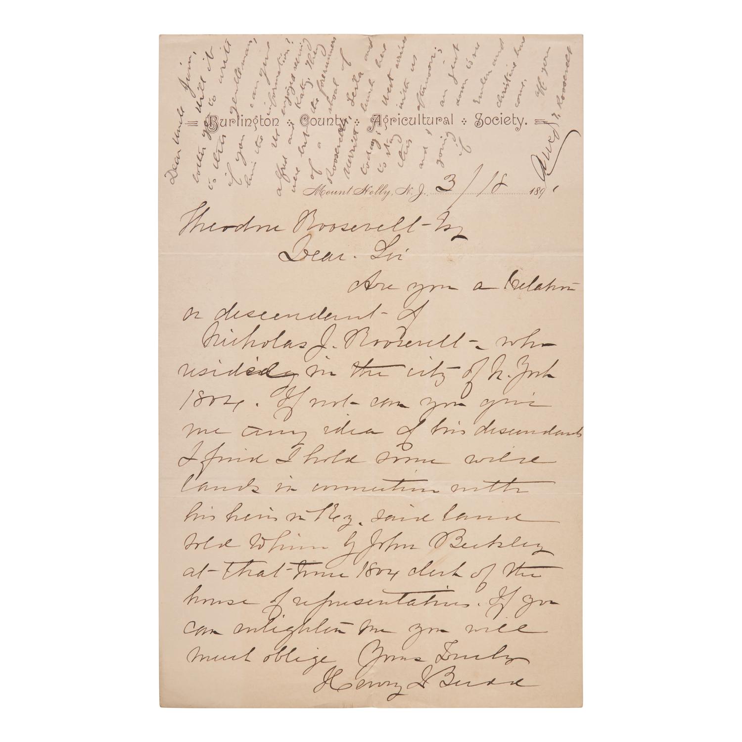 [Presidential] Roosevelt, Theodore. Autograph Note, signed
