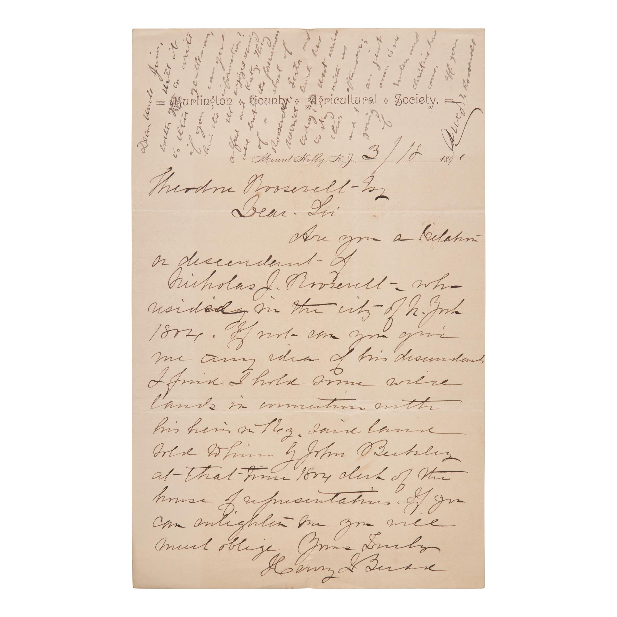 [Presidential] Roosevelt, Theodore. Autograph Note, signed