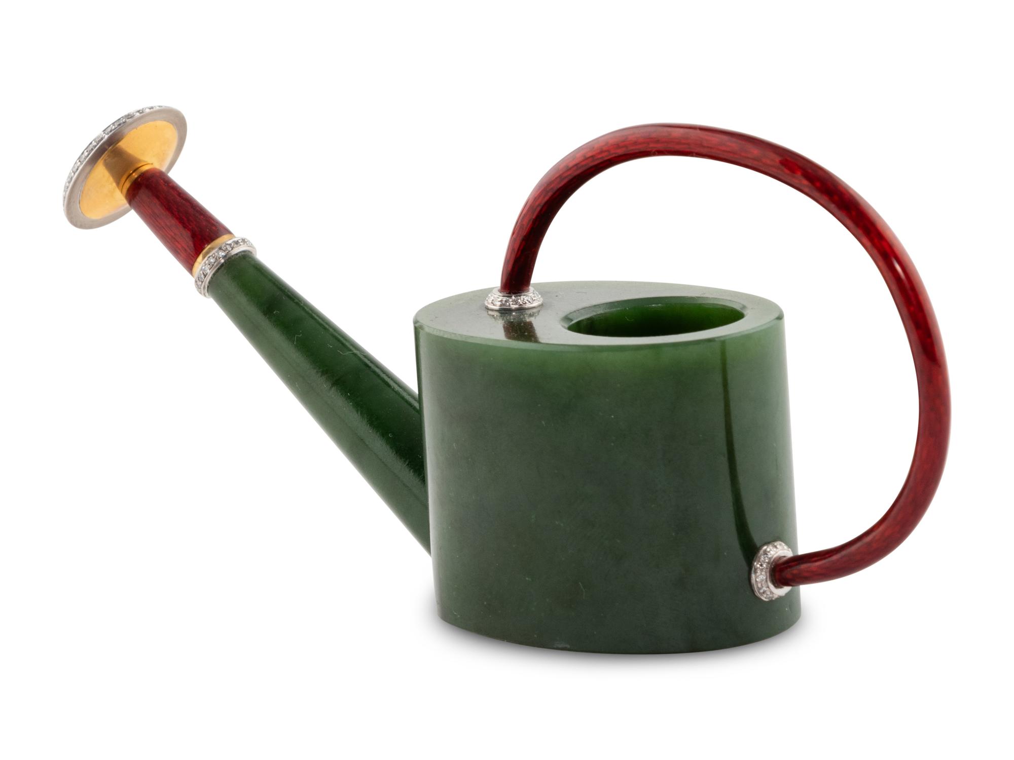 A Carved Jade, Guilloche Enamel and Diamond-Mounted Watering Can